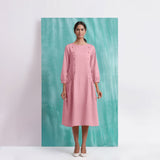 Pink Mirror Work Embroidered Cotton Flax Paneled Midi Dress
