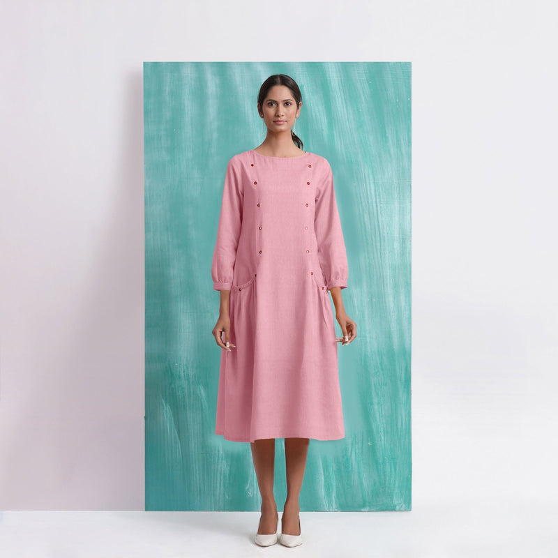 Pink Mirror Work Embroidered Cotton Flax Paneled Midi Dress