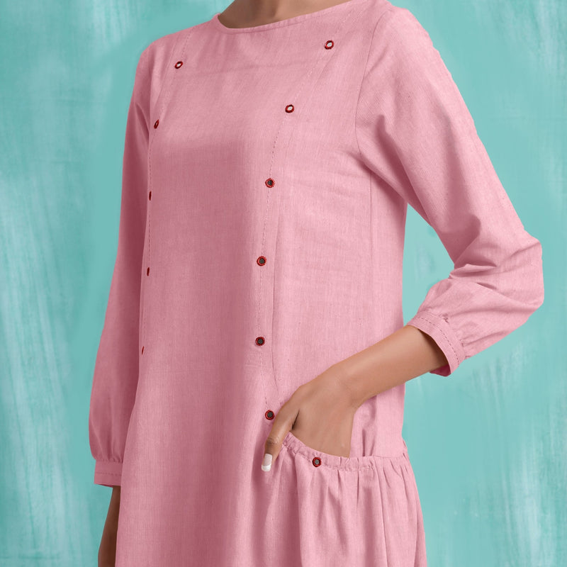 Pink Mirror Work Embroidered Cotton Flax Paneled Midi Dress