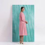 Pink Mirror Work Embroidered Cotton Flax Paneled Midi Dress