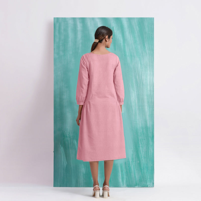 Pink Mirror Work Embroidered Cotton Flax Paneled Midi Dress