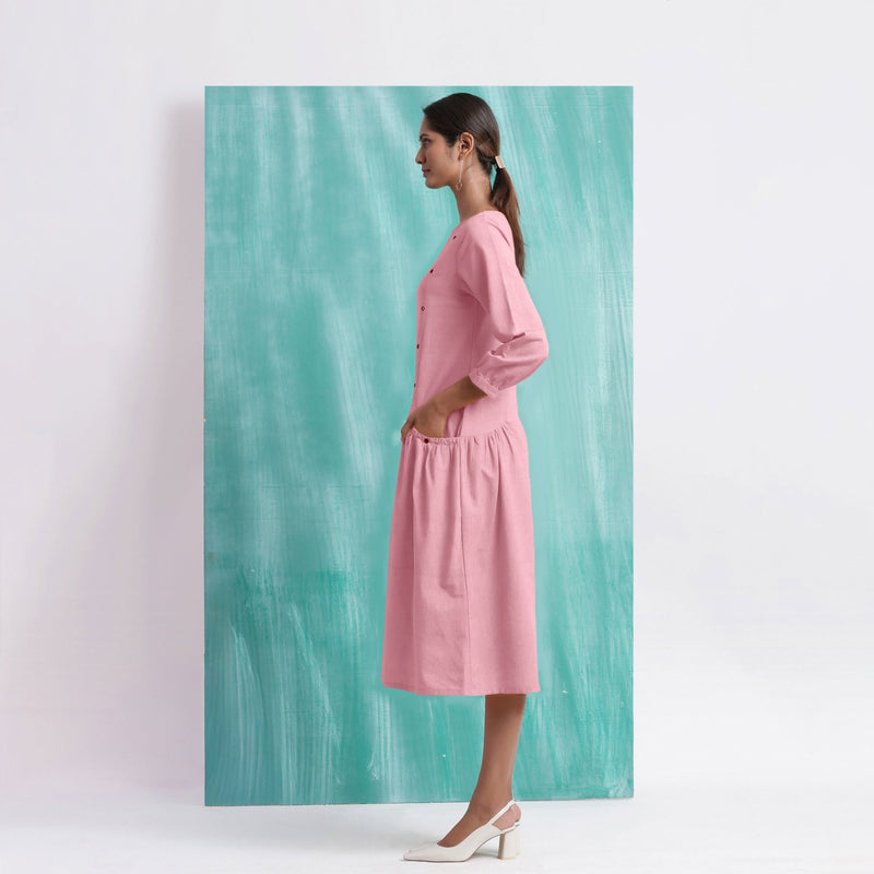 Pink Mirror Work Embroidered Cotton Flax Paneled Midi Dress