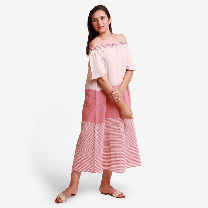 Right View of a Model wearing Pink Off Shoulder Cotton Maxi Dress