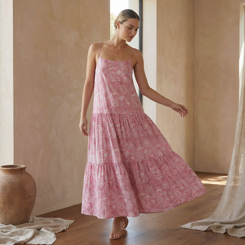 Buy Pink Paisley Block Print Cotton Drop-Waist Camisole Maxi Tier Dress  Online at SeamsFriendly