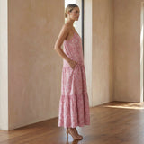 Pink Paisley Block Print Cotton Drop-Waist Camisole Maxi Tier Dress