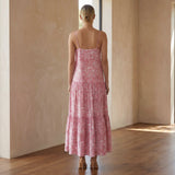 Pink Paisley Block Print Cotton Drop-Waist Camisole Maxi Tier Dress