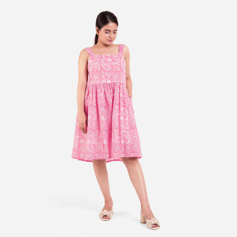 Front View of a Model wearing Pink Paisley Fit and Flare Cotton Dress