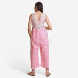 Back View of a Model wearing Pink Paisley Block Printed Ankle Length Cotton Jumpsuit