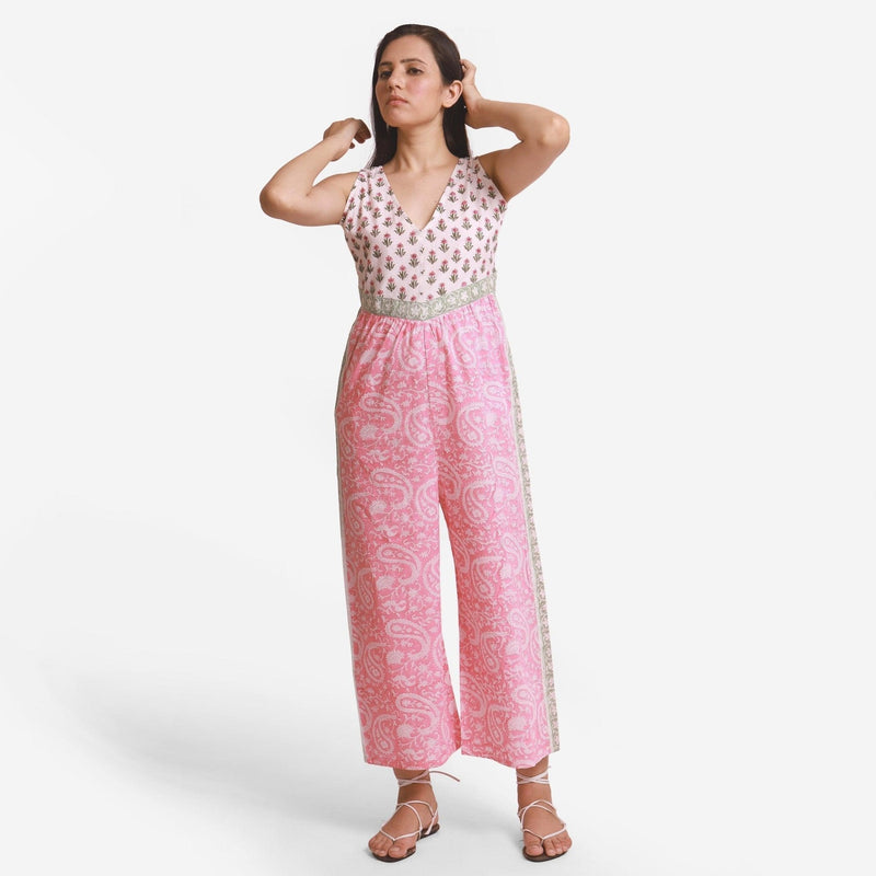 Front View of a Model wearing Pink Paisley Straight Cotton Jumpsuit