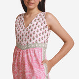 Front Detail of a Model wearing Pink Paisley Block Printed Ankle Length Cotton Jumpsuit