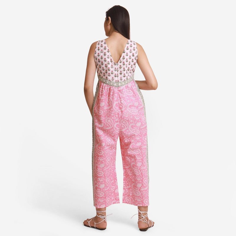 Back View of a Model wearing Pink Paisley Straight Cotton Jumpsuit