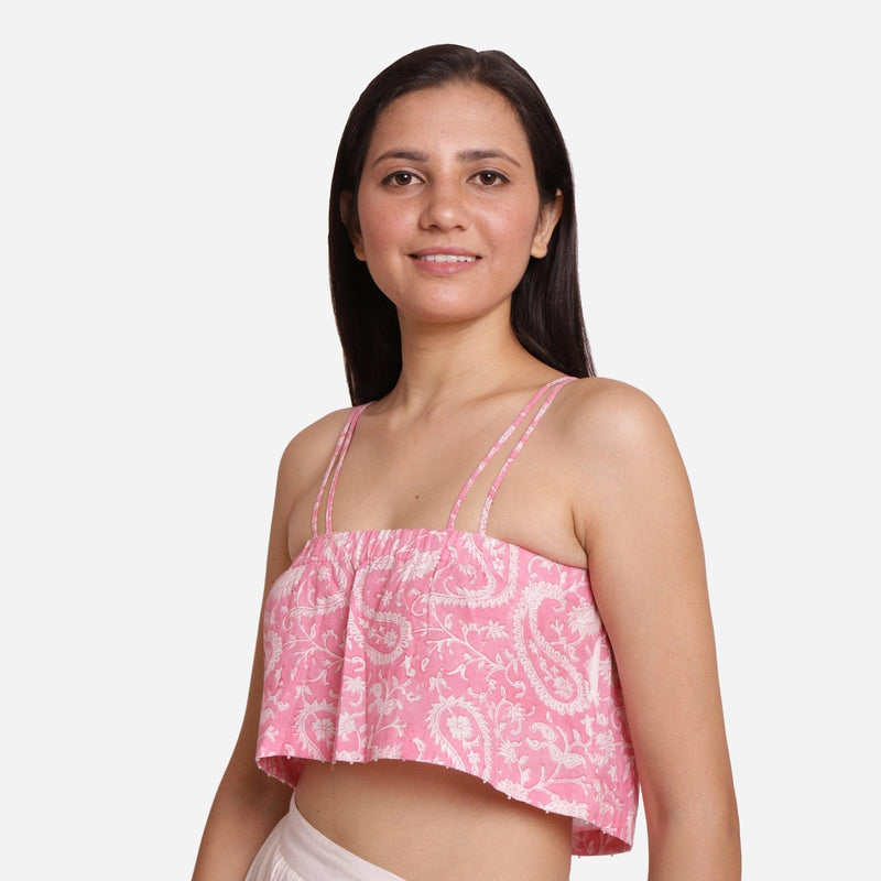 Left View of a Model wearing Block Printed Camisole Paisley Crop Top