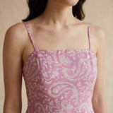 Pink Paisley Floral Block Print Cotton Ankle Length Flared Sundress