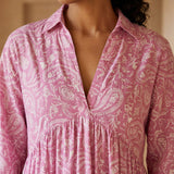 Pink Paisley Floral Block Print Cotton Deep-V Maxi Tier Dress
