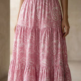 Pink Paisley Floral Block Print Cotton Elasticated Maxi Tier Skirt