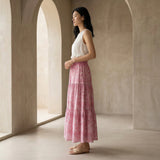 Pink Paisley Floral Block Print Cotton Elasticated Maxi Tier Skirt