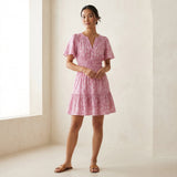 Pink Paisley Floral Block Print Cotton Elasticated Short Tier Dress