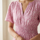 Pink Paisley Floral Block Print Cotton Elasticated Short Tier Dress
