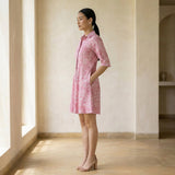 Pink Paisley Floral Block Print Cotton Fit and Flare Button-Down Short Shirt Dress
