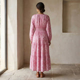 Pink Paisley Floral Block Print Cotton Fit and Flare Maxi Tier Dress