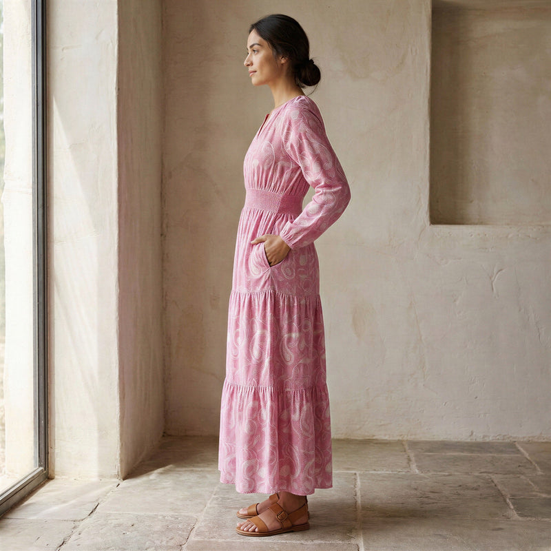 Pink Paisley Floral Block Print Cotton Fit and Flare Maxi Tier Dress 70