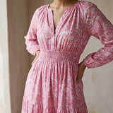 Pink Paisley Floral Block Print Cotton Fit and Flare Maxi Tier Dress