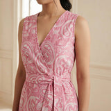 Pink Paisley Floral Block Print Cotton Fit and Flare Sleeveless Dress