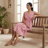 Pink Paisley Floral Block Print Cotton Fit and Flare Sleeveless Dress