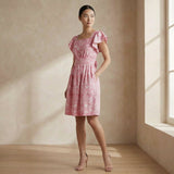 Pink Paisley Floral Block Print Cotton Open-Back Fit and Flare Knee Length Dress