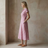 Pink Paisley Floral Block Print Cotton Paneled A-Line Midi Dress