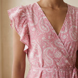 Pink Paisley Floral Block Print Cotton Ruffle Midi Wrap Dress