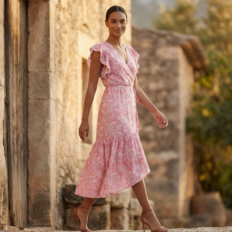 pink paisley midi dress Pink Paisley Floral Block Print Cotton Ruffle Midi Wrap Dress 30" / Petite (5'1" and below)