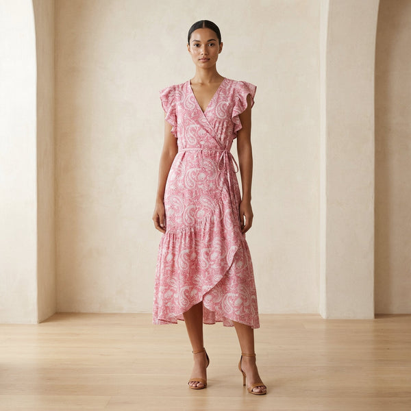pink paisley midi dress Womens Love & Roses Pink Paisley Hanky Hem Tie Neck Midi Dress US 14