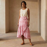 Pink Paisley Floral Block Print Cotton Ruffle Midi Wrap Skirt