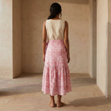 Pink Paisley Floral Block Print Cotton Ruffle Midi Wrap Skirt