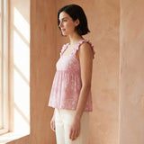 Pink Paisley Floral Block Print Cotton Ruffle-Strap Square Neck Peplum Top