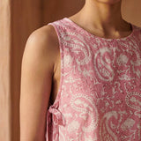 Pink Paisley Floral Block Print Cotton Sleeveless Side-Tie Long Top