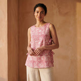 Pink Paisley Floral Block Print Cotton Sleeveless Side-Tie Long Top