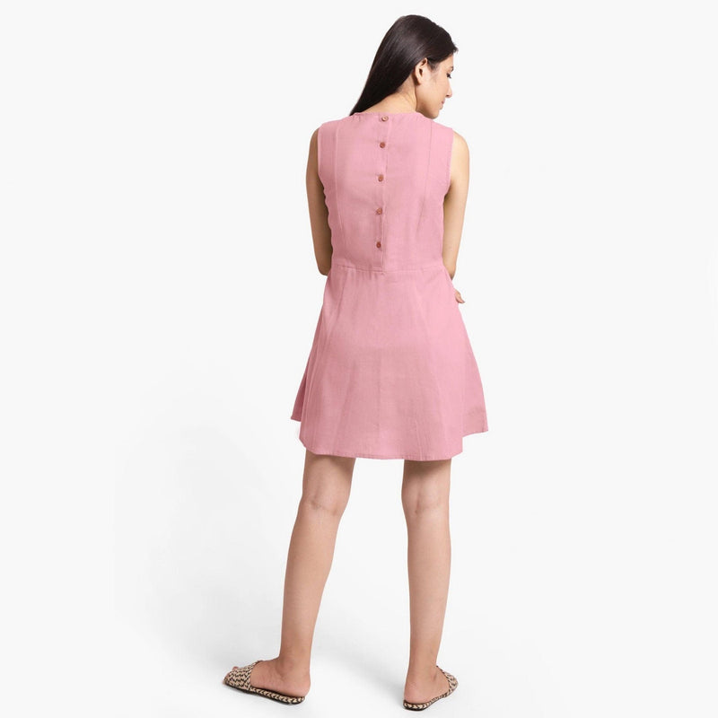 Back View of a Model wearing Pink Patch Pocket Round Neck Dress