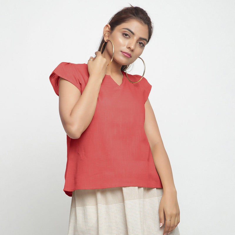 Front View of a Model wearing Pink Puff Sleeves Cotton A-Line Top