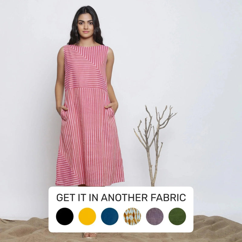 Pink Striped Cotton Muslin Boat Neck Paneled Midi Dress