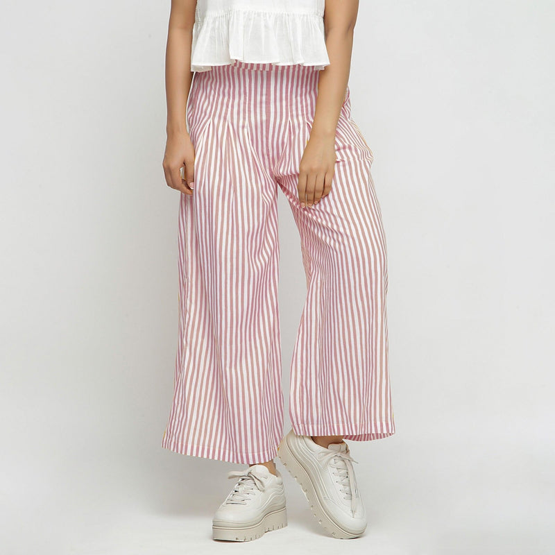 Front View of a Model wearing Pink Striped Wide Legged Cotton Pant