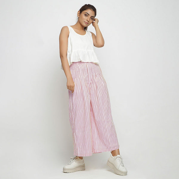 Front View of a Model wearing Pink Striped Wide Legged Cotton Pant