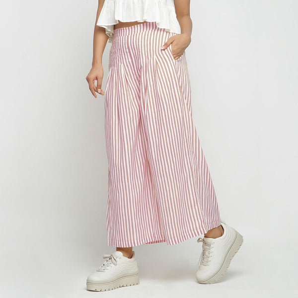 Left View of a Model wearing Pink Striped Wide Legged Cotton Pant