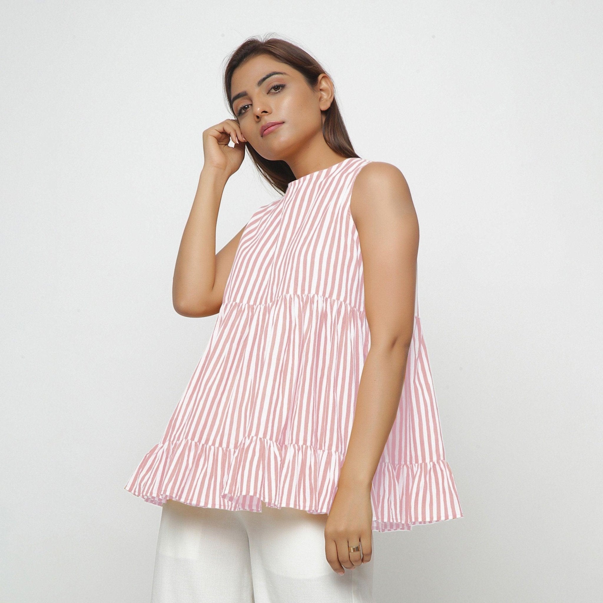 Buy Pink Striped Hand Screen Printed Frill Tier Top Online at SeamsFriendly