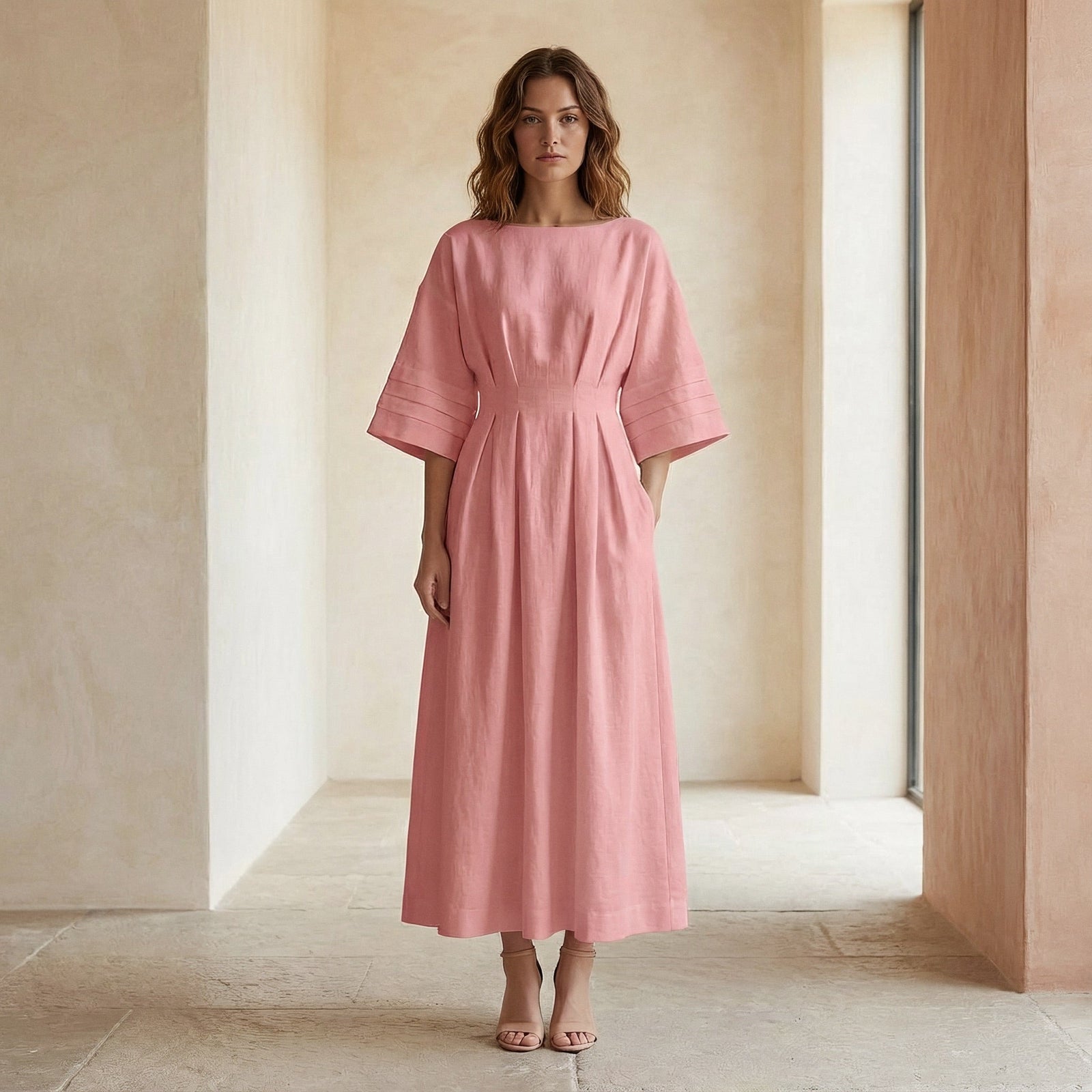 warm pink dress Cotton Flannel Boat Neck Maxi with Kimono Sleeves 64