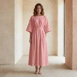 Pink Warm Cotton Flannel Boat Neck Maxi Dress with Kimono Sleeves