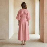 Pink Warm Cotton Flannel Boat Neck Maxi Dress with Kimono Sleeves