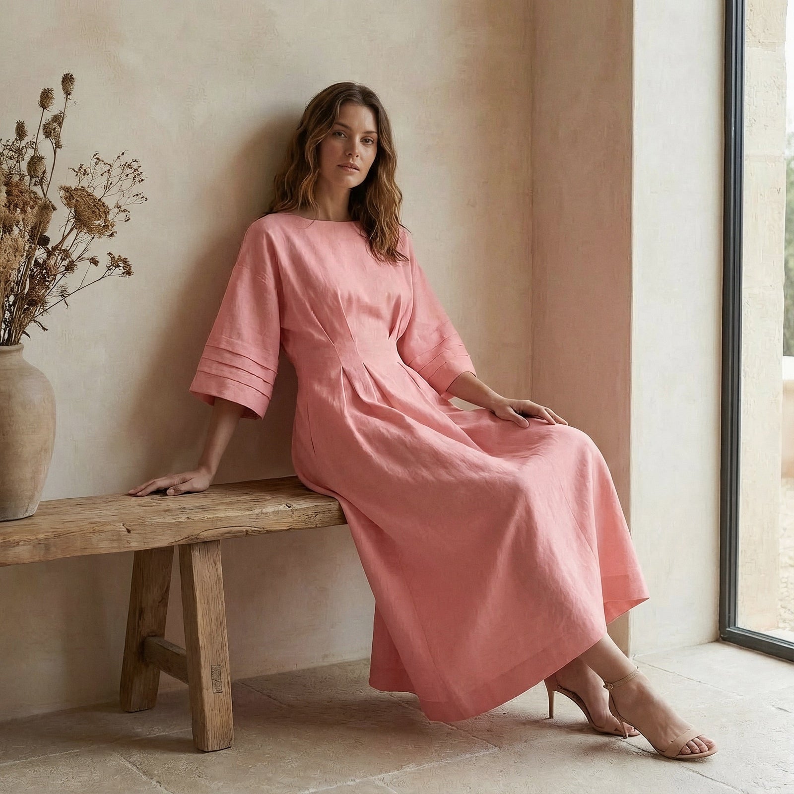 Pink Warm Cotton Flannel Boat Neck Maxi Dress with Kimono Sleeves 64