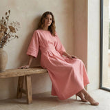 Pink Warm Cotton Flannel Boat Neck Maxi Dress with Kimono Sleeves